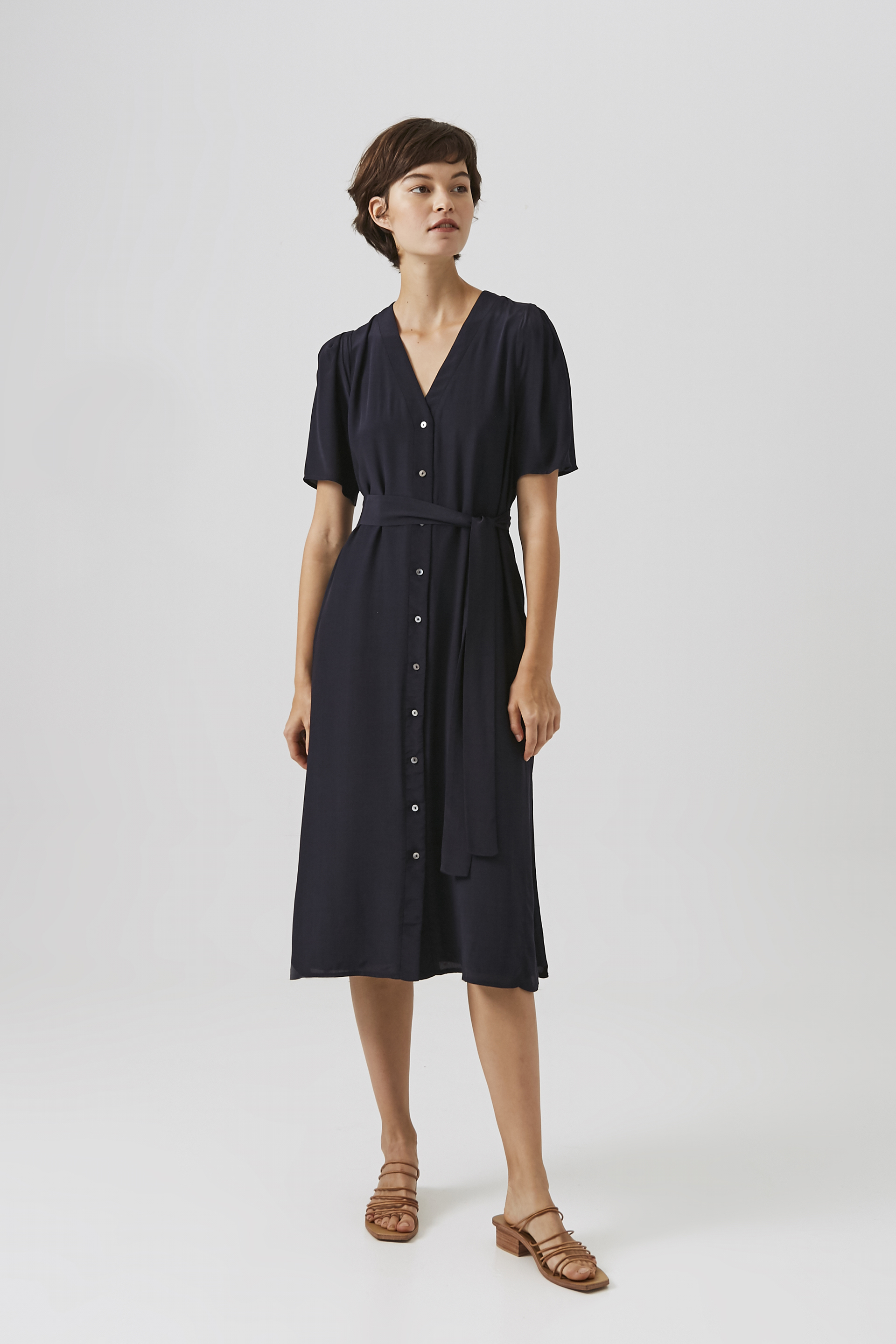 Pleat Sleeve Button-Down Midi Dress 