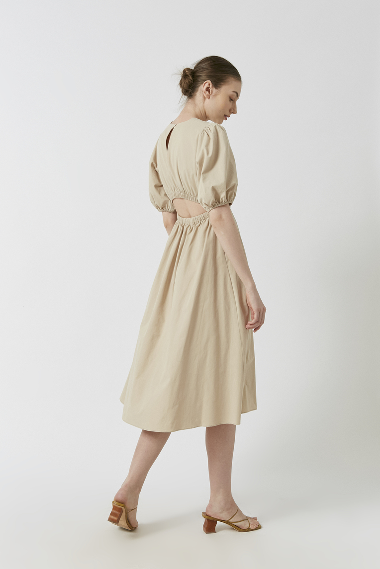 Women's wool knitted puff sleeve high waist mid length dress