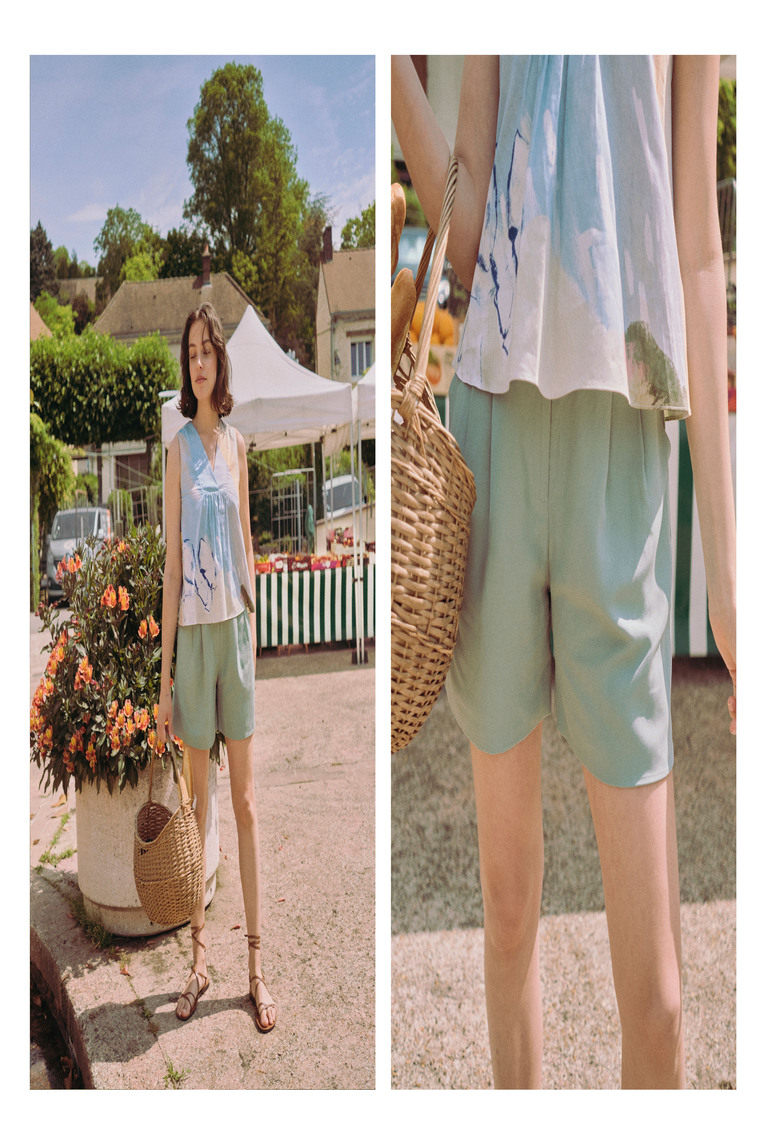 Lyocell Pleated High-Waist Shorts