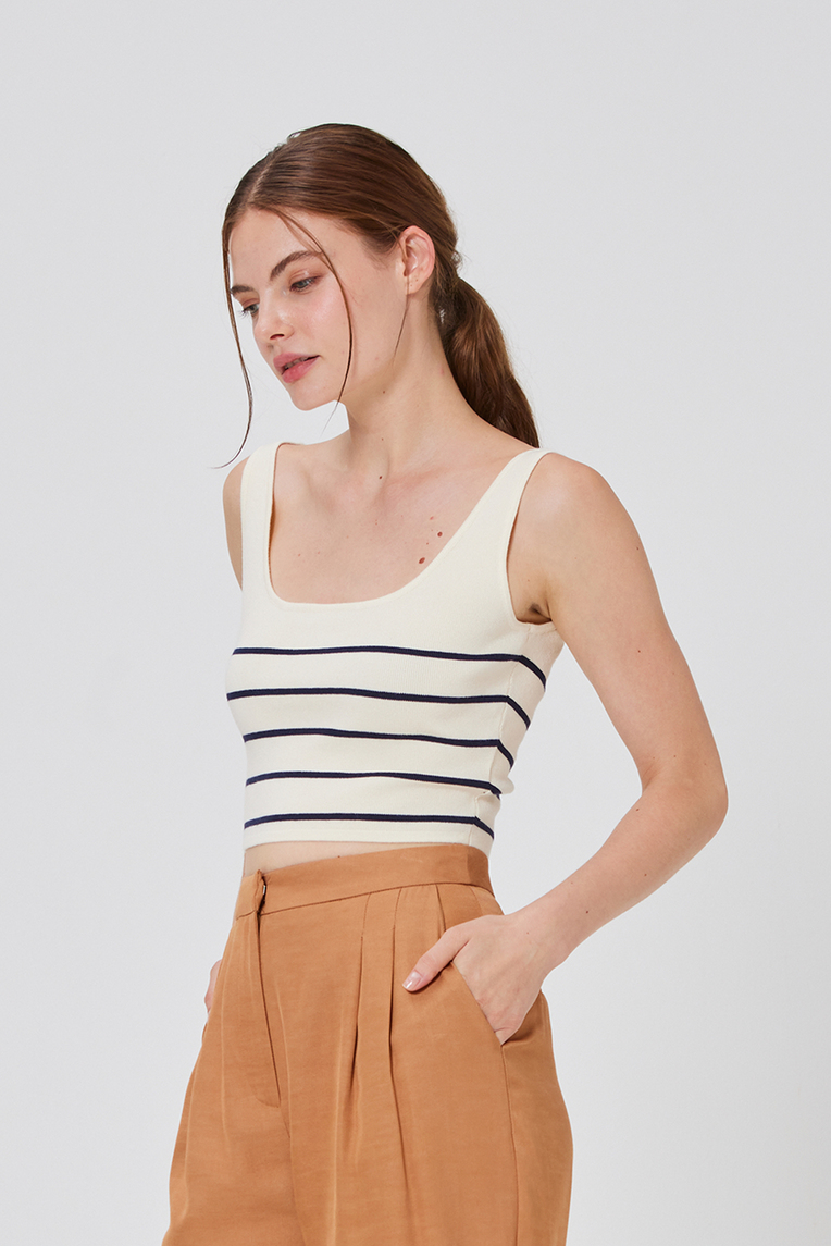 Striped Square-Neck Knit Crop Top