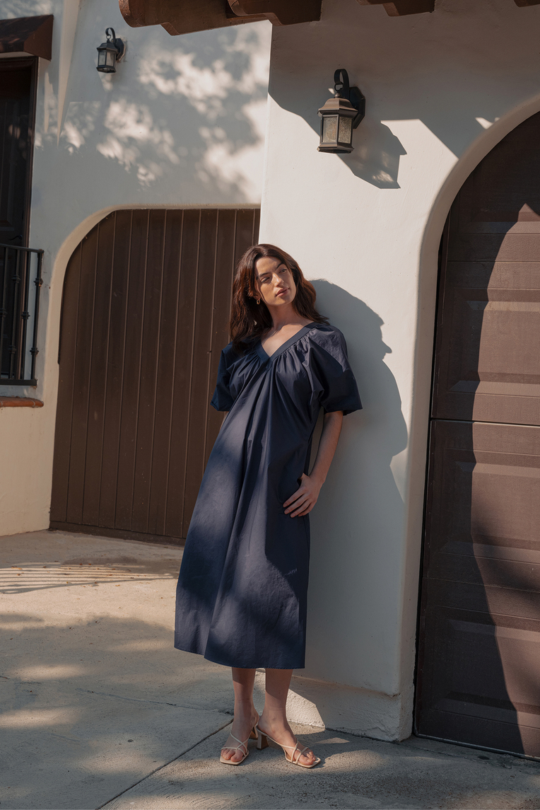 Gathered V-Neck Cotton Dress 