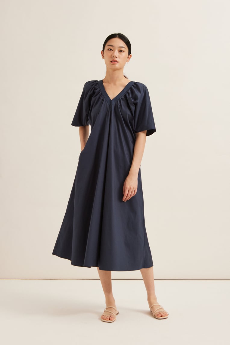 Gathered V-Neck Cotton Dress 
