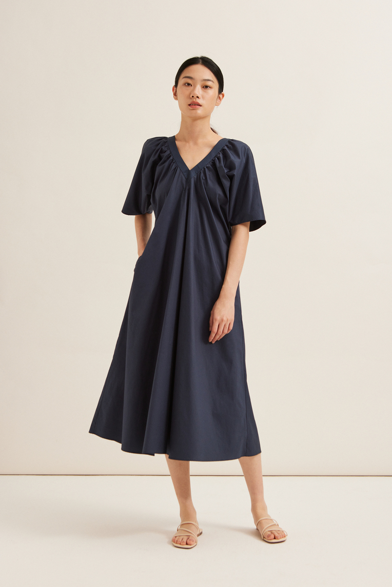 Gathered V-Neck Cotton Dress 