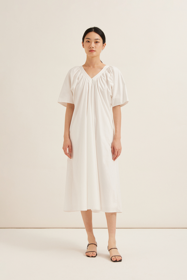 Gathered V-Neck Cotton Dress 