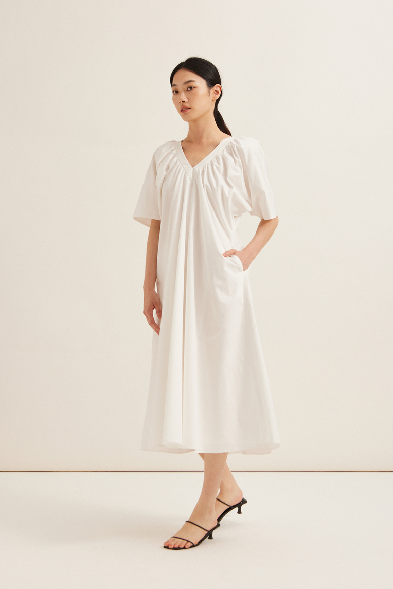 Gathered V-Neck Cotton Dress 