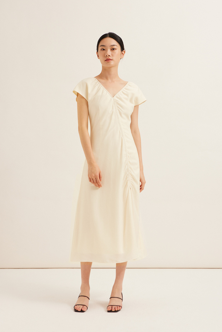 V-Neck Ruched Midi Dress