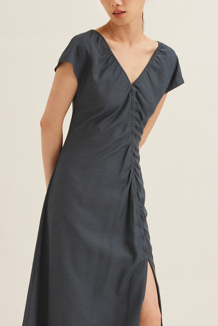 V-Neck Ruched Midi Dress