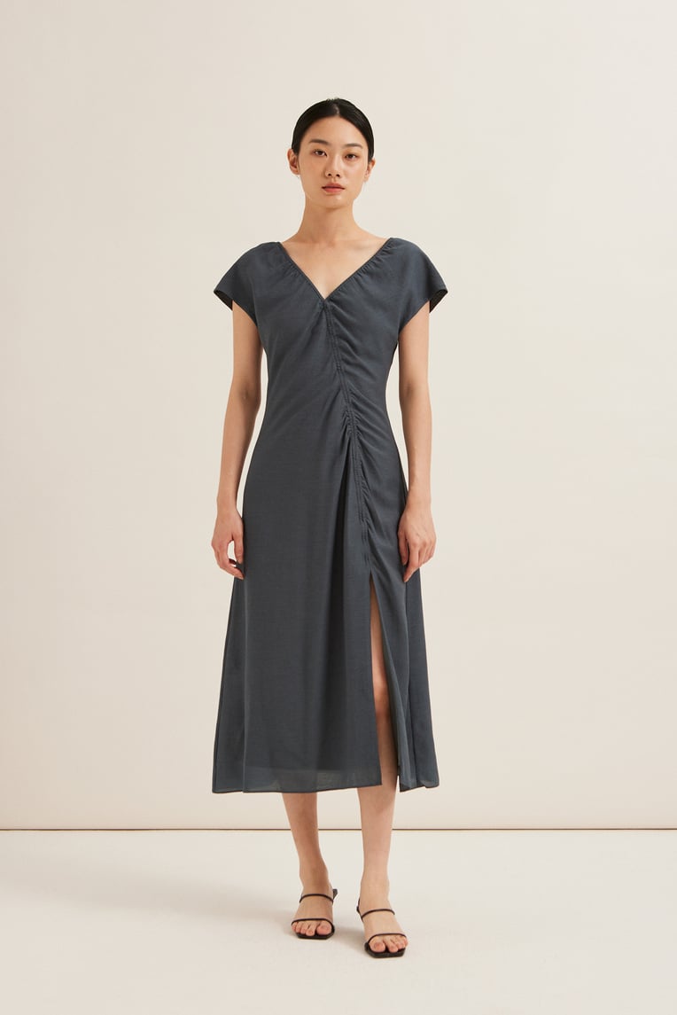 V-Neck Ruched Midi Dress