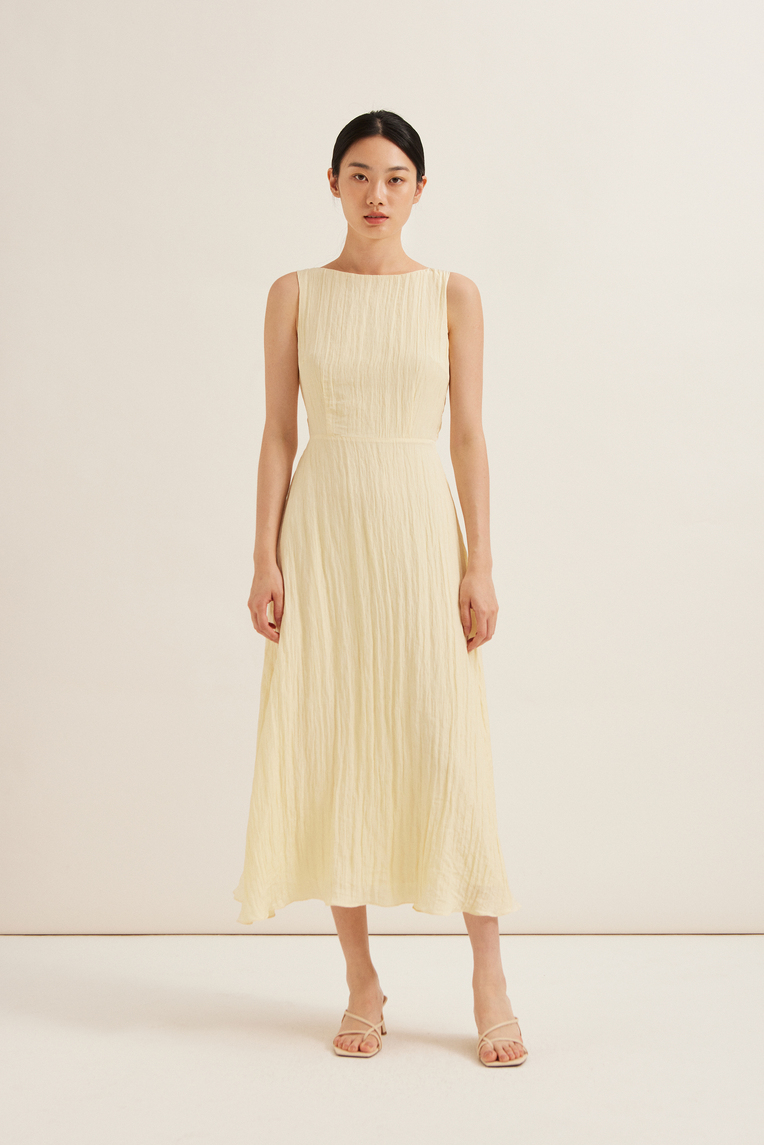 Crinkled Boat-Neck Maxi Dress