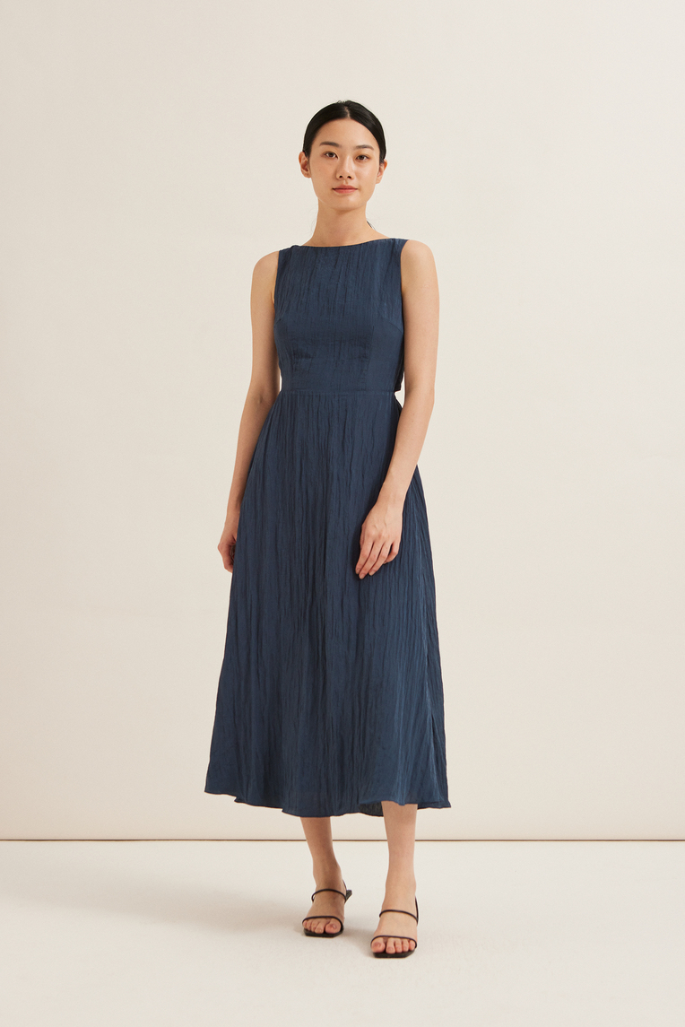 Crinkled Boat-Neck Maxi Dress