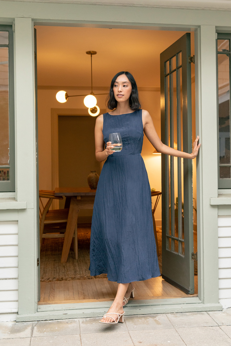 Crinkled Boat-Neck Maxi Dress