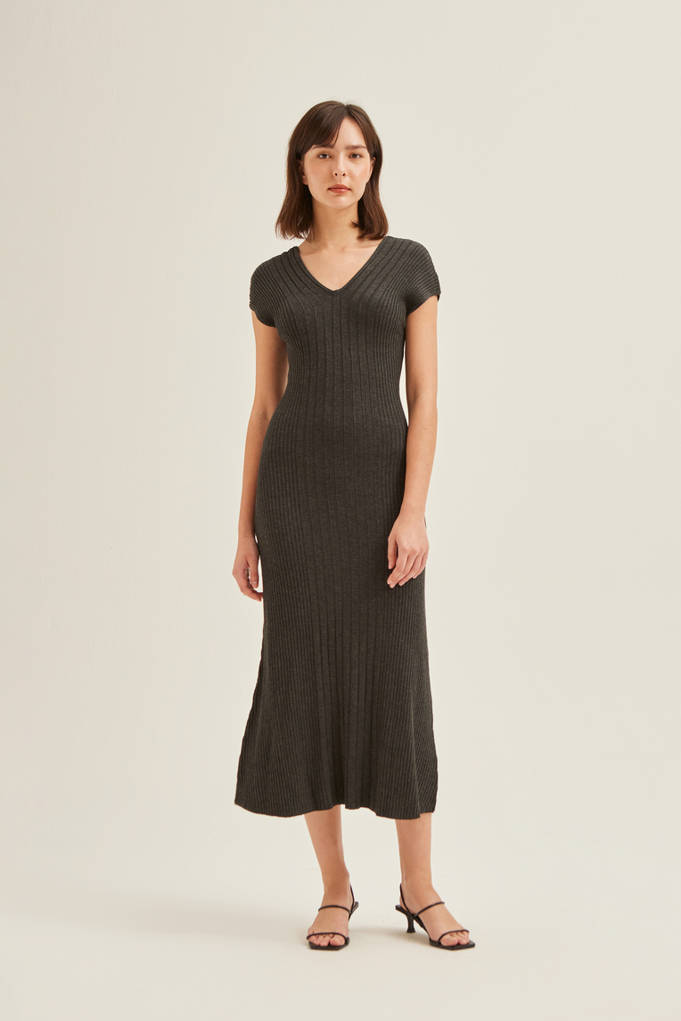 Soft Ribbed V-Neck Knit Dress