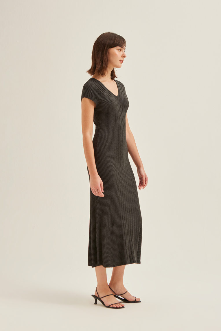 Soft Ribbed V-Neck Knit Dress