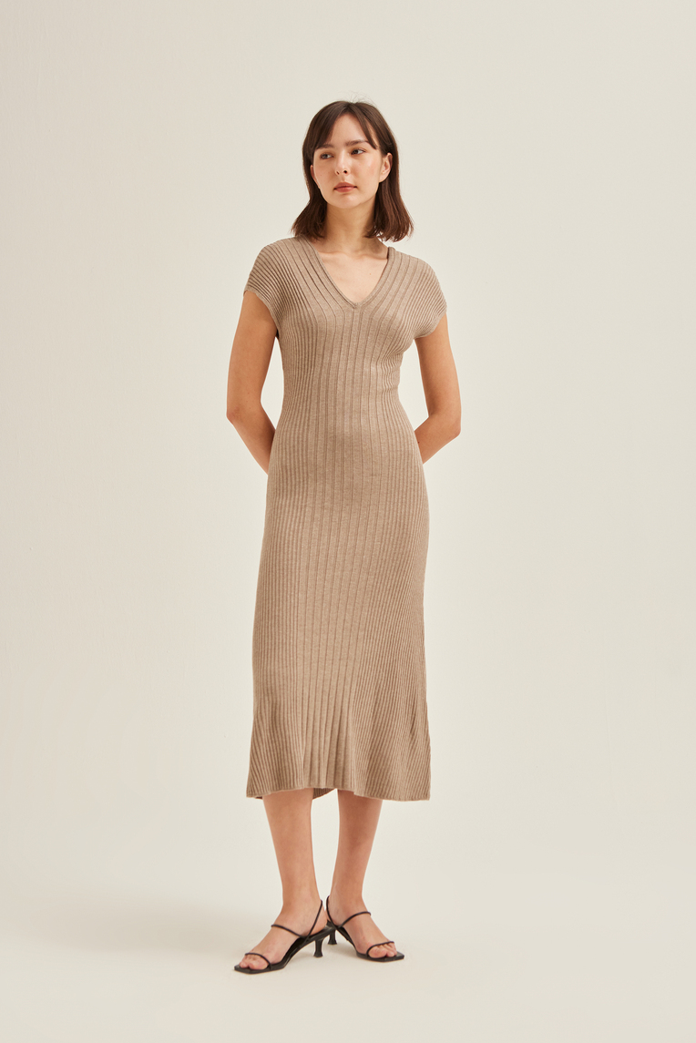 Soft Ribbed V-Neck Knit Dress