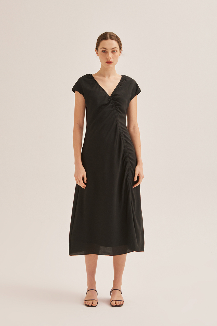 V-Neck Ruched Midi Dress