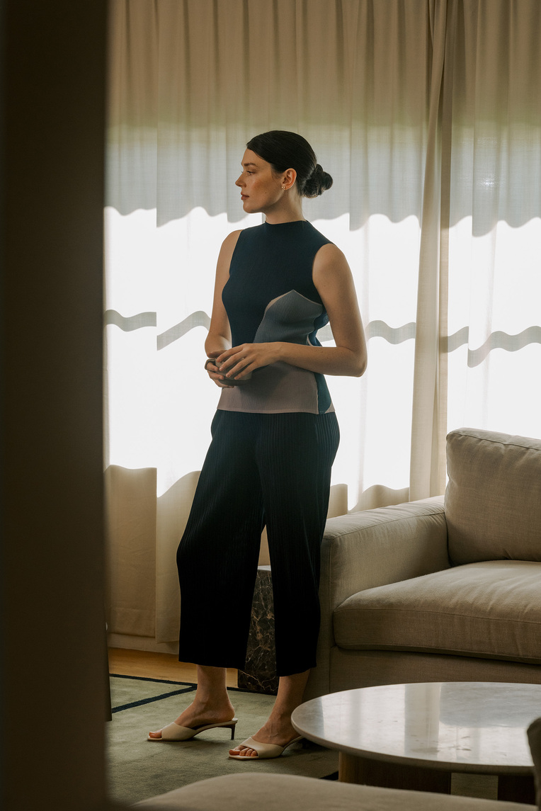 Interlude Plissé Pleated Mock-Neck Top