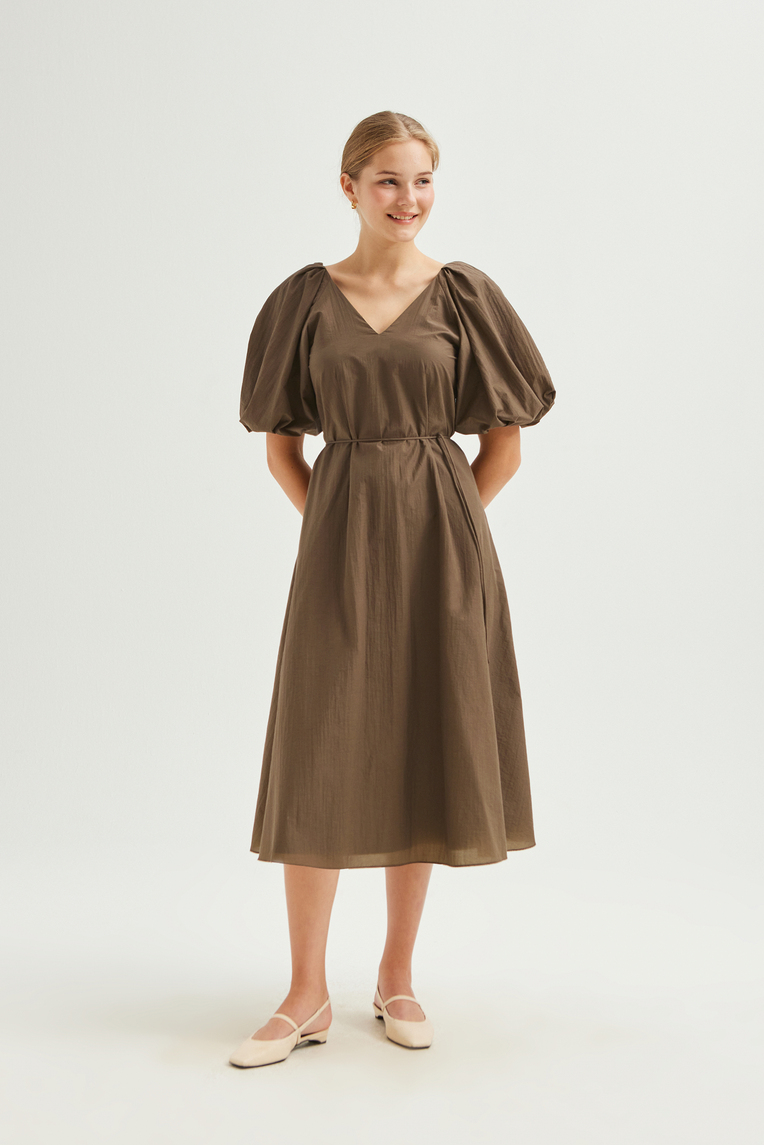Cotton Puff-Sleeve Midi Dress