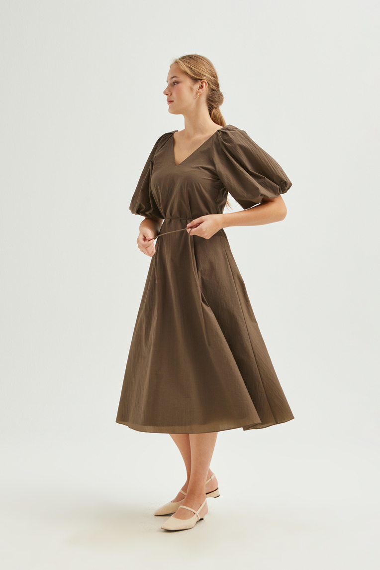 Cotton Puff-Sleeve Midi Dress