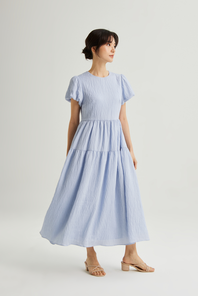 Textured Viscose Puff-Sleeve Dress