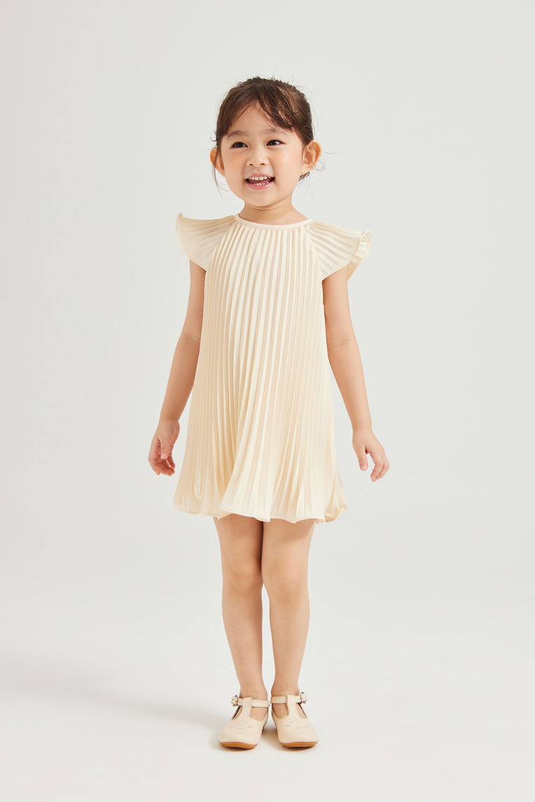 Sunray-Pleated Flutter Sleeve Dress