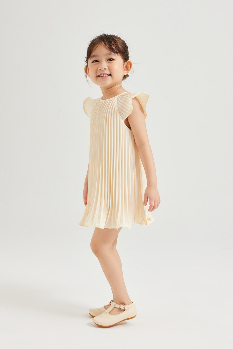 Sunray-Pleated Flutter Sleeve Dress