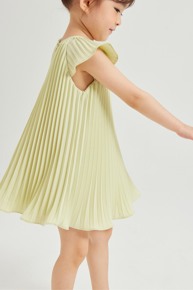 Sunray-Pleated Flutter Sleeve Dress
