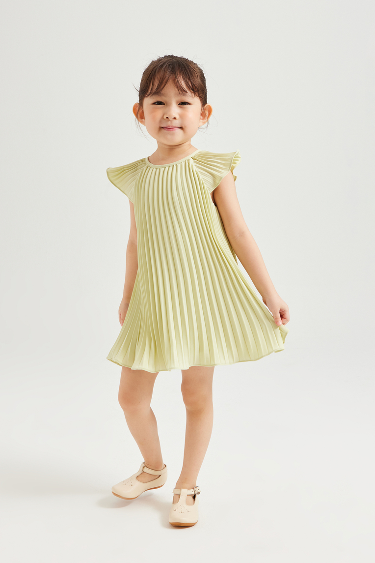 Sunray-Pleated Flutter Sleeve Dress
