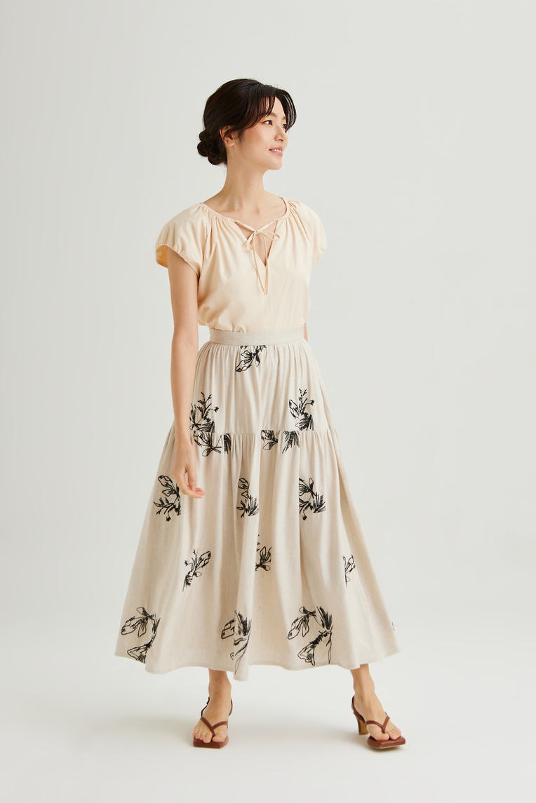Linen Embroidered Midi Skirt