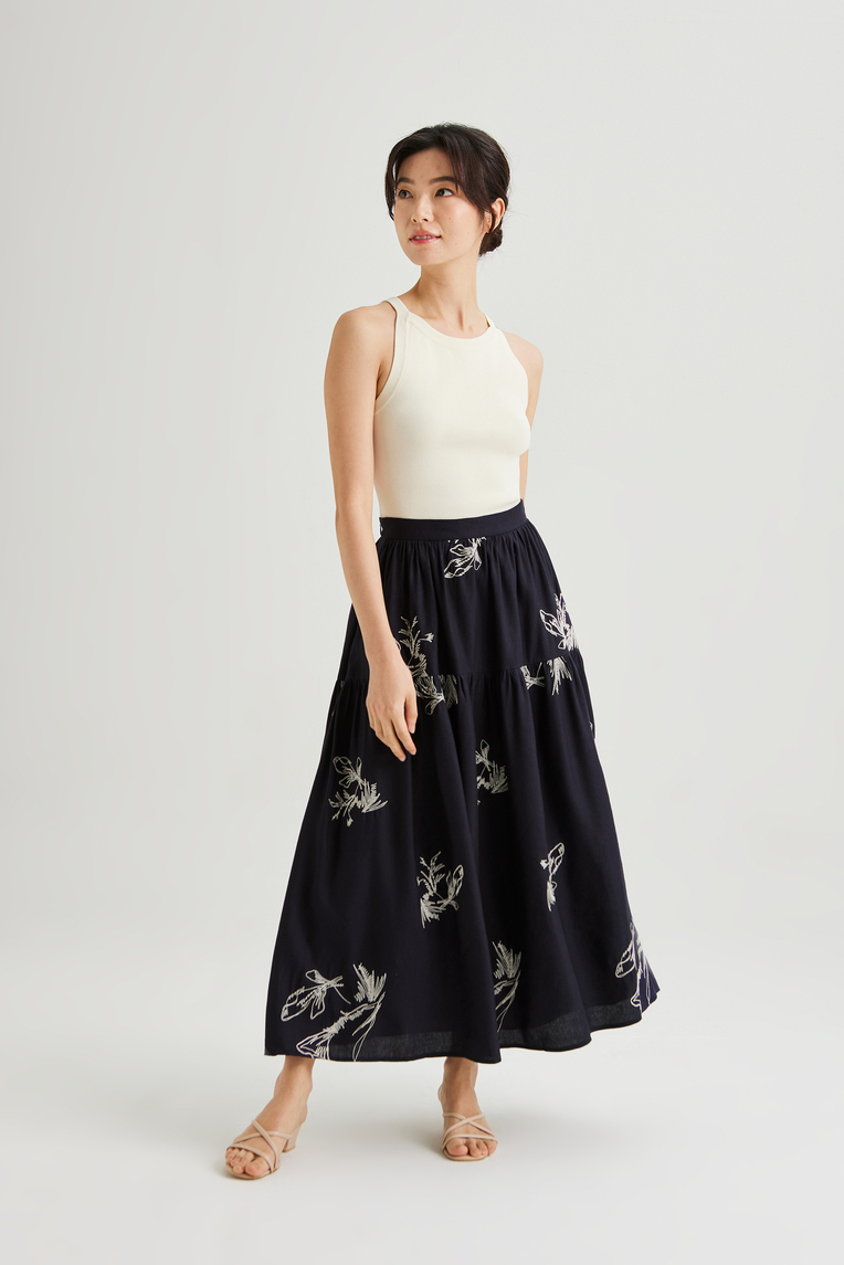 Linen Embroidered Midi Skirt