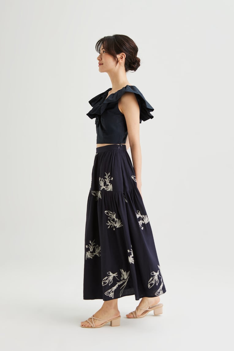 Linen Embroidered Midi Skirt