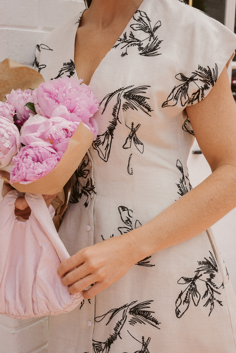 Linen Embroidered Cap Sleeve Dress