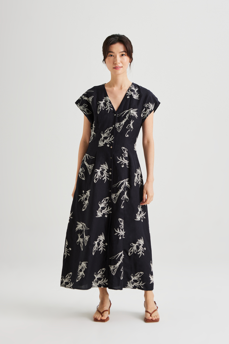 Linen Embroidered Cap Sleeve Dress