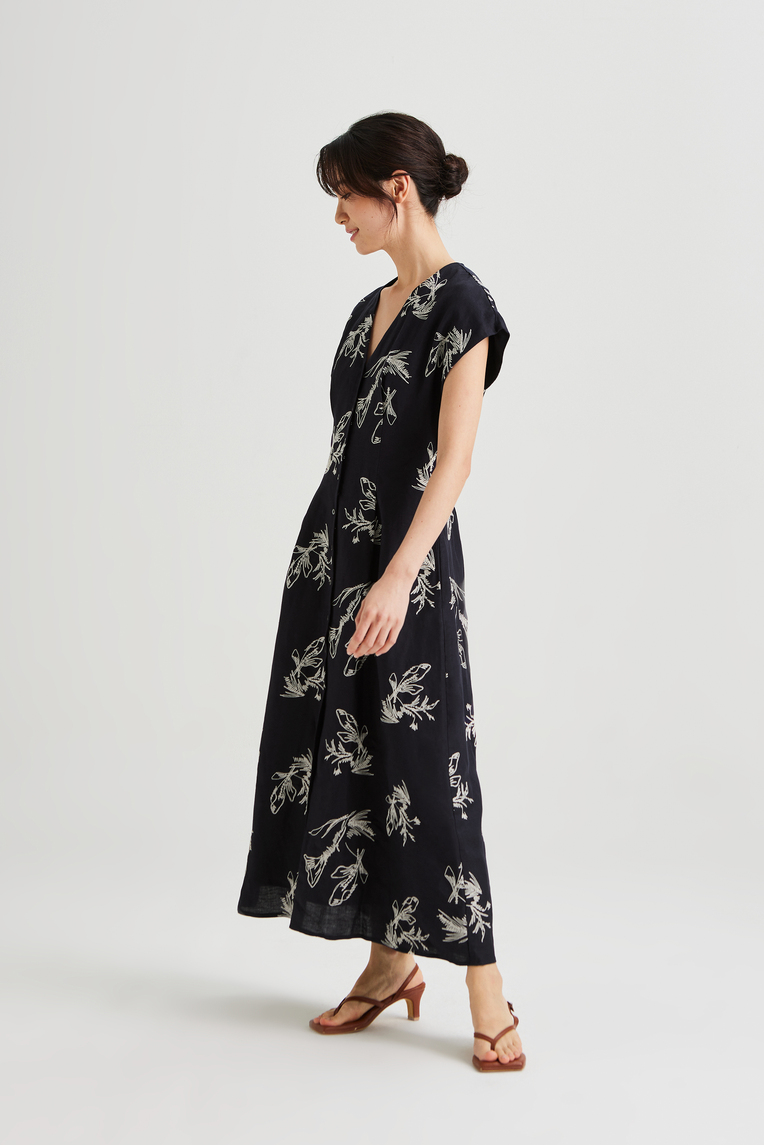 Linen Embroidered Cap Sleeve Dress