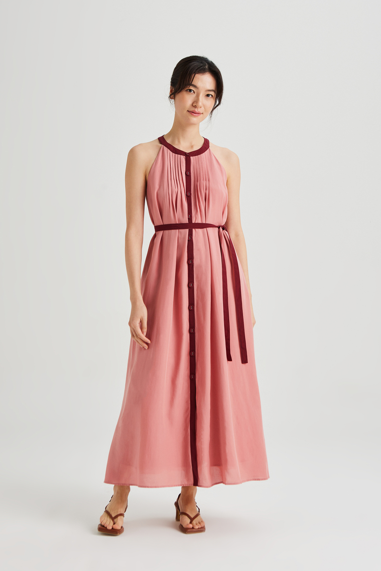 Contrast Pintuck Halter Dress