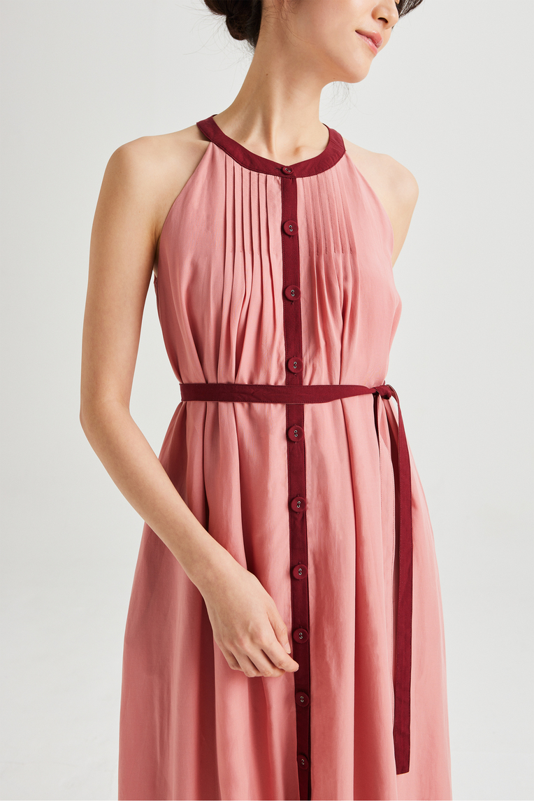 Contrast Pintuck Halter Dress