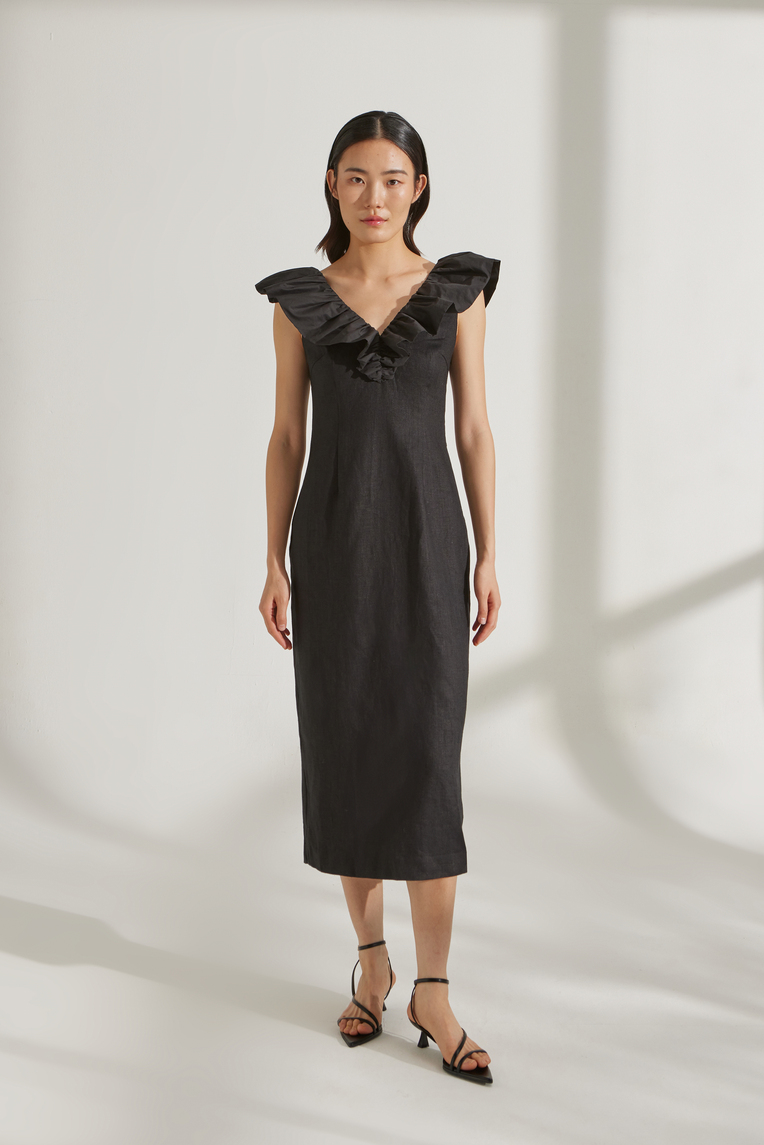 Fitted Ruffle V-Neck Midi Dress