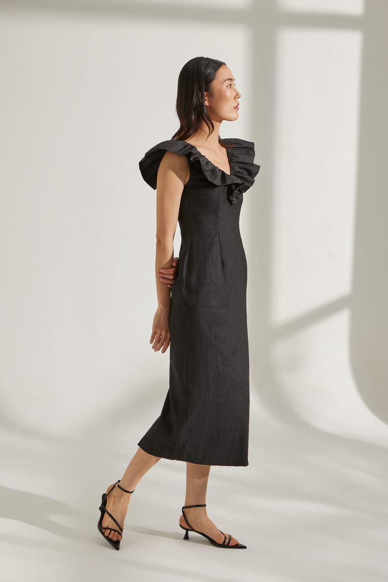 Fitted Ruffle V-Neck Midi Dress