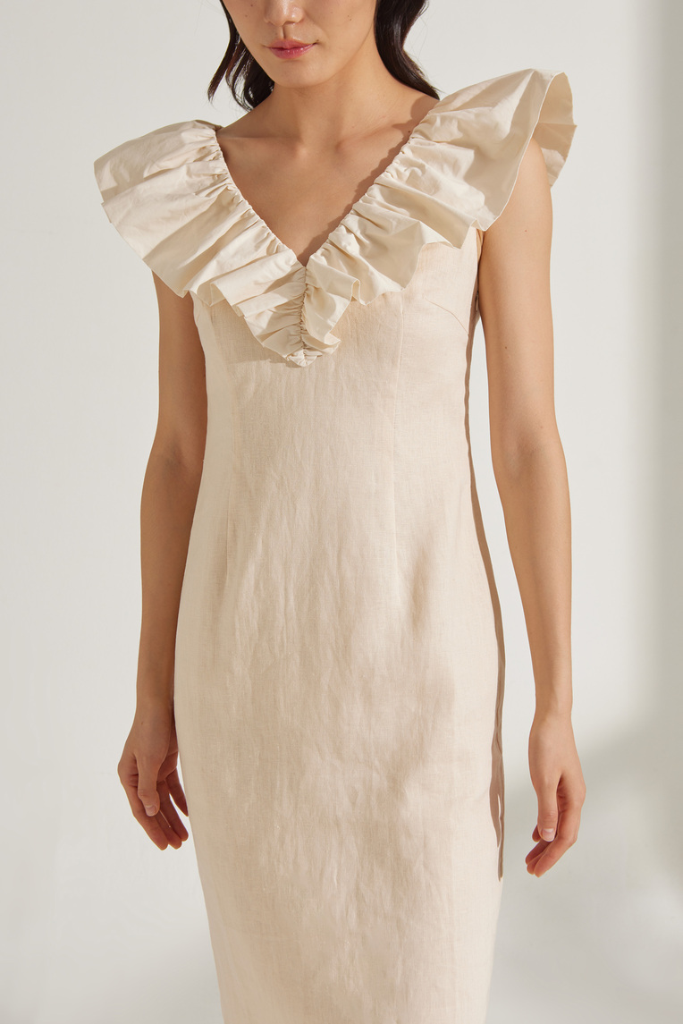 Fitted Ruffle V-Neck Midi Dress