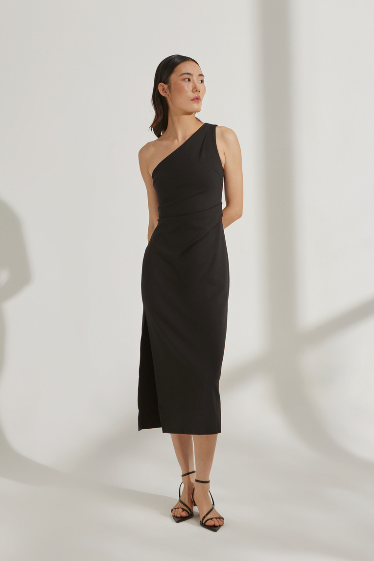 One-Shoulder Jersey Pleat Dress