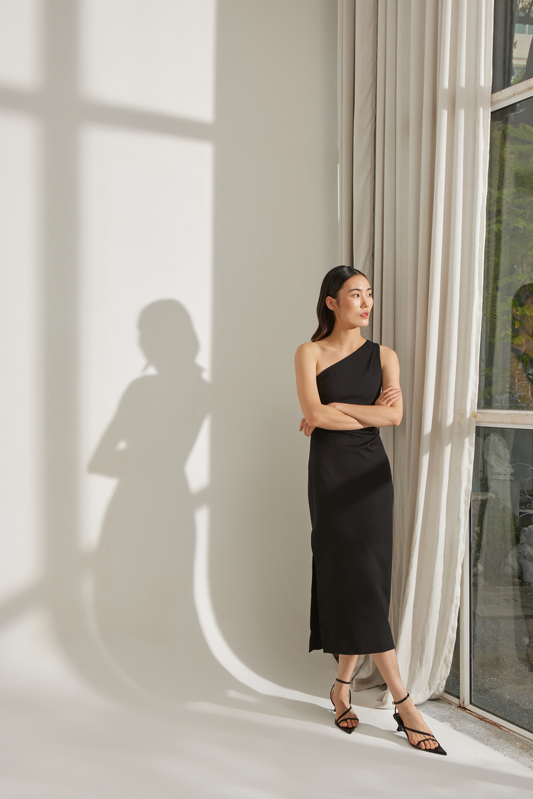 One-Shoulder Jersey Pleat Dress