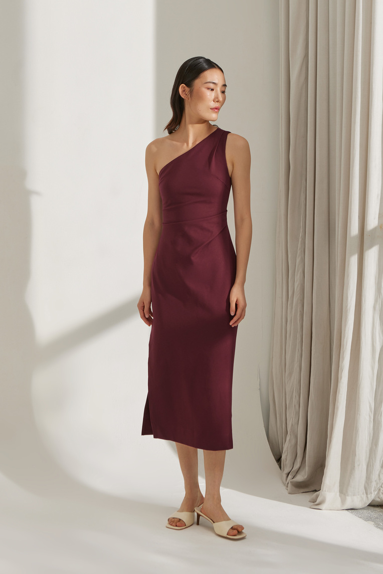 One-Shoulder Jersey Pleat Dress