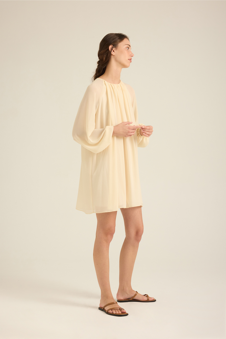 Gathered Puff-Sleeve Shift Dress
