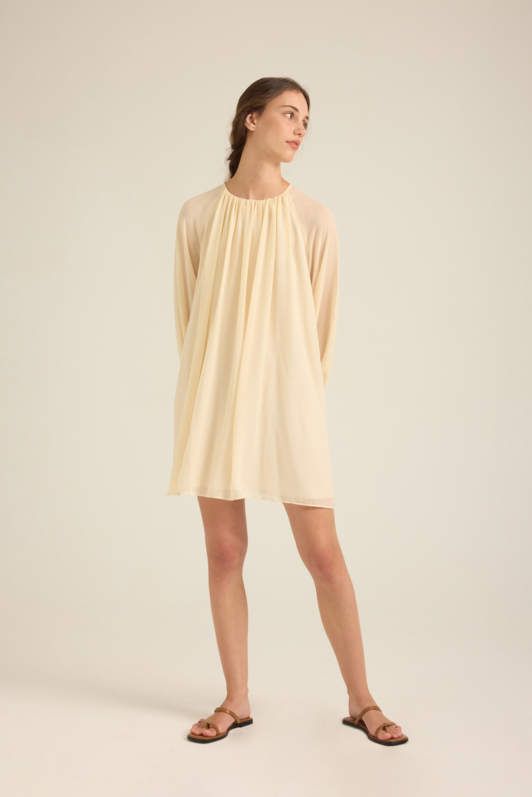 Gathered Puff-Sleeve Shift Dress
