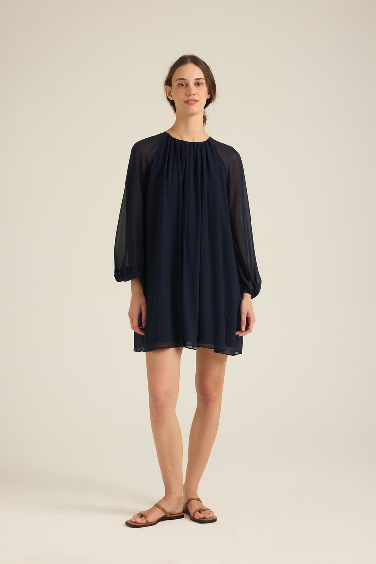 Gathered Puff-Sleeve Shift Dress