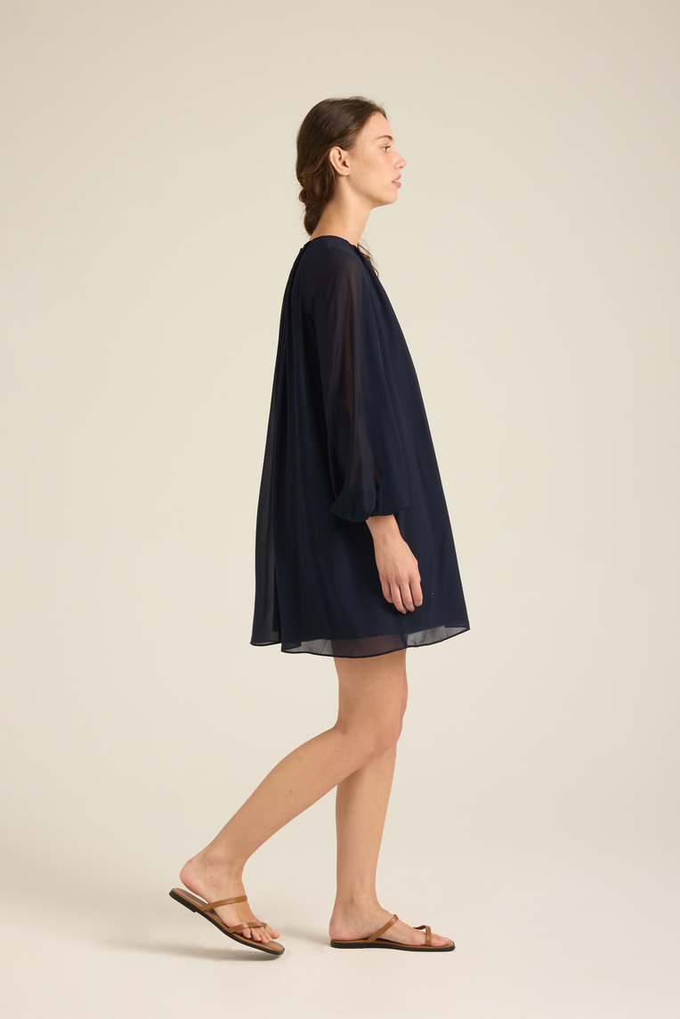 Gathered Puff-Sleeve Shift Dress