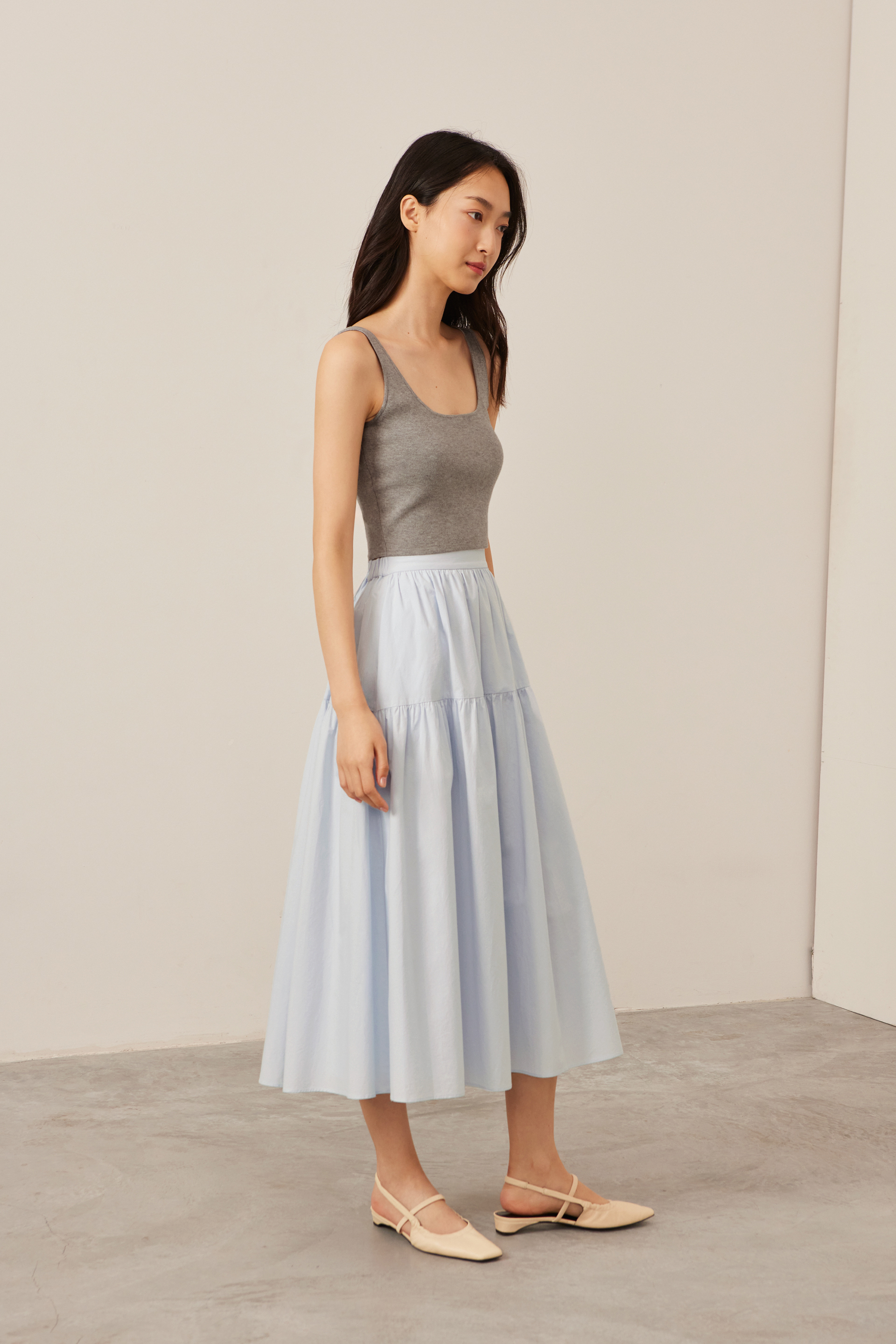 Cotton Tiered Midi Skirt
