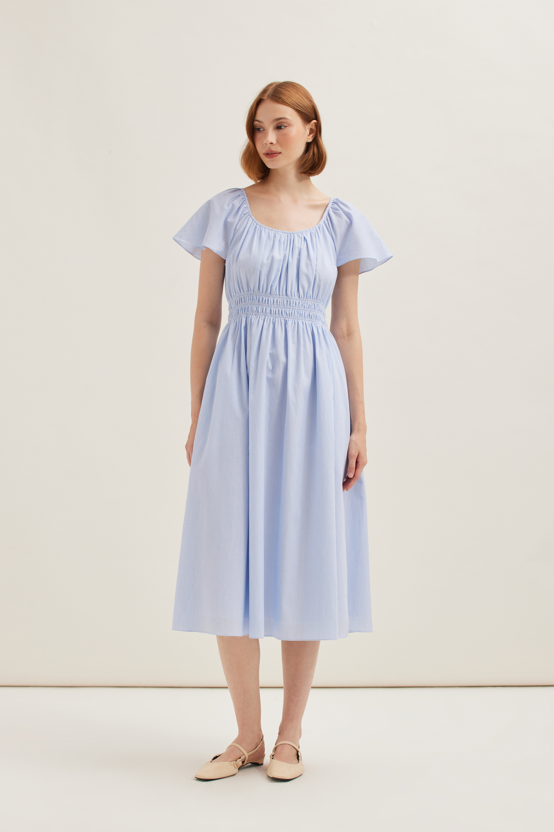Smocked Striped Cotton Midi Dress