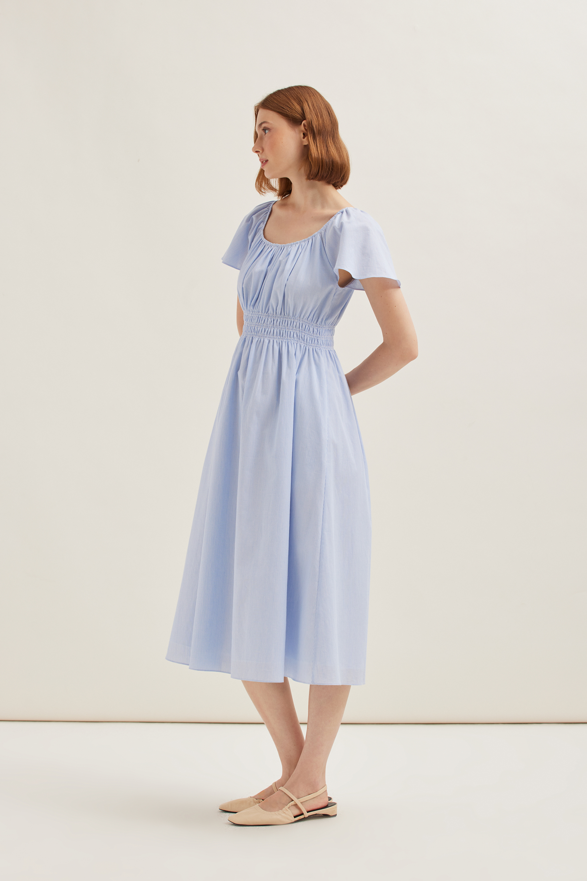Smocked Striped Cotton Midi Dress