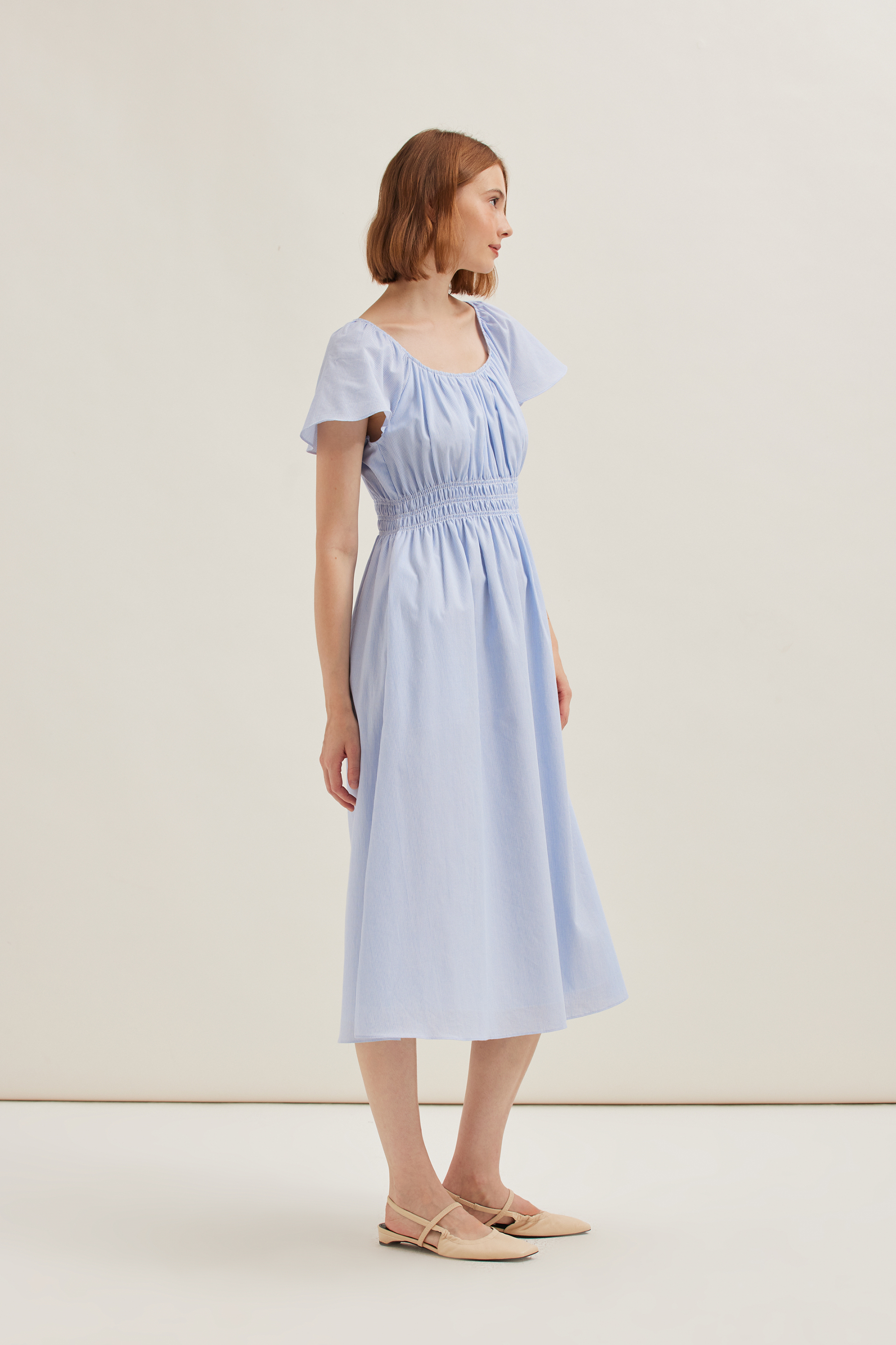 Smocked Striped Cotton Midi Dress