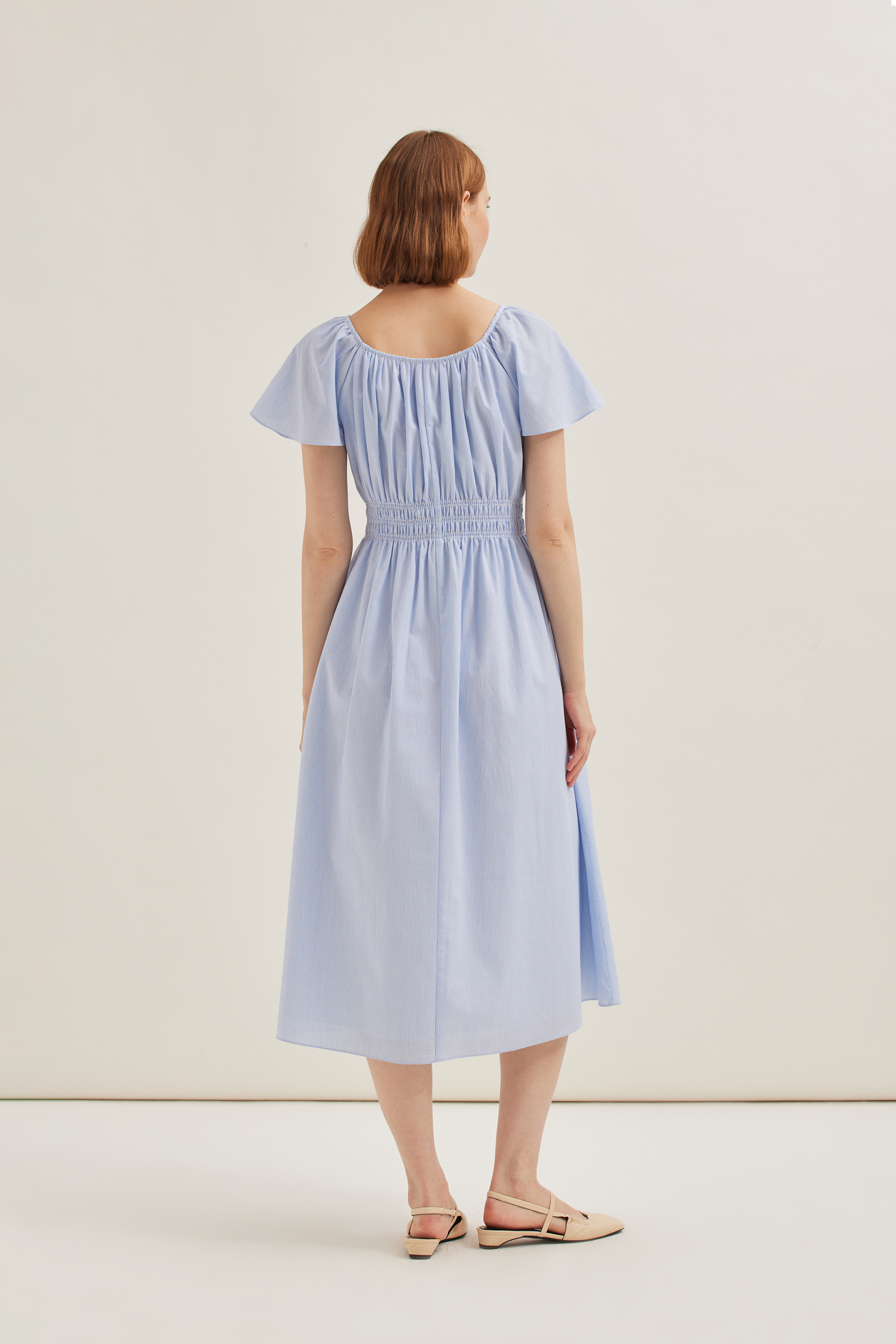 Smocked Striped Cotton Midi Dress